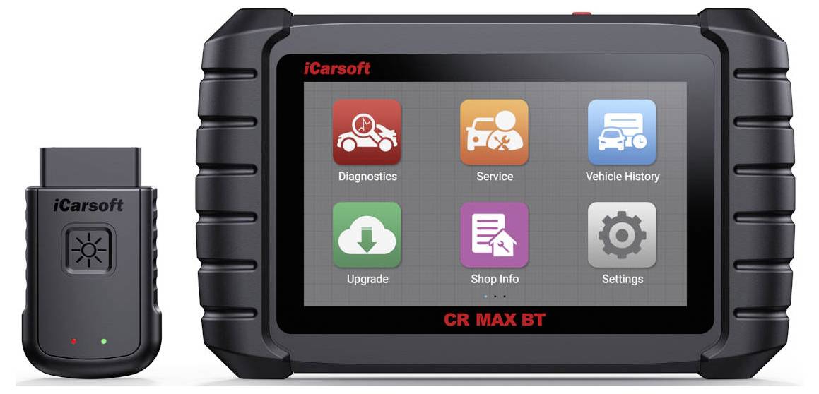 Tablet pro automobilní diagnostiku iCarsoft CR MAX BT zobrazený s adaptérem Bluetooth, který ukazuje ikony menu pro Diagnostiku, Servis, Historii vozidla, Aktualizaci, Informace obchodu a Nastavení.