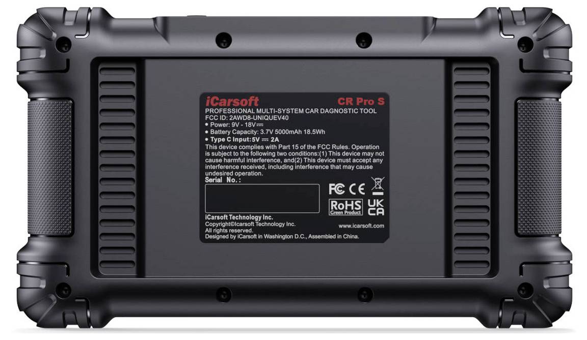 Zadní pohled na automobilní diagnostický nástroj iCarsoft CR Pro S, zobrazující štítek s názvem produktu, podrobnostmi modelu, certifikacemi a specifikacemi baterie.