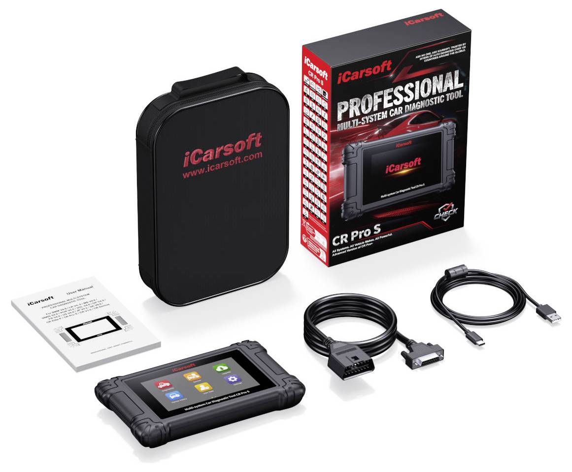 Profesionální diagnostický nástroj iCarsoft CR Pro S pro automobilový průmysl se sadou s přenosným skenerem, pouzdrem, manuálem a kabely zobrazené na bílém pozadí.