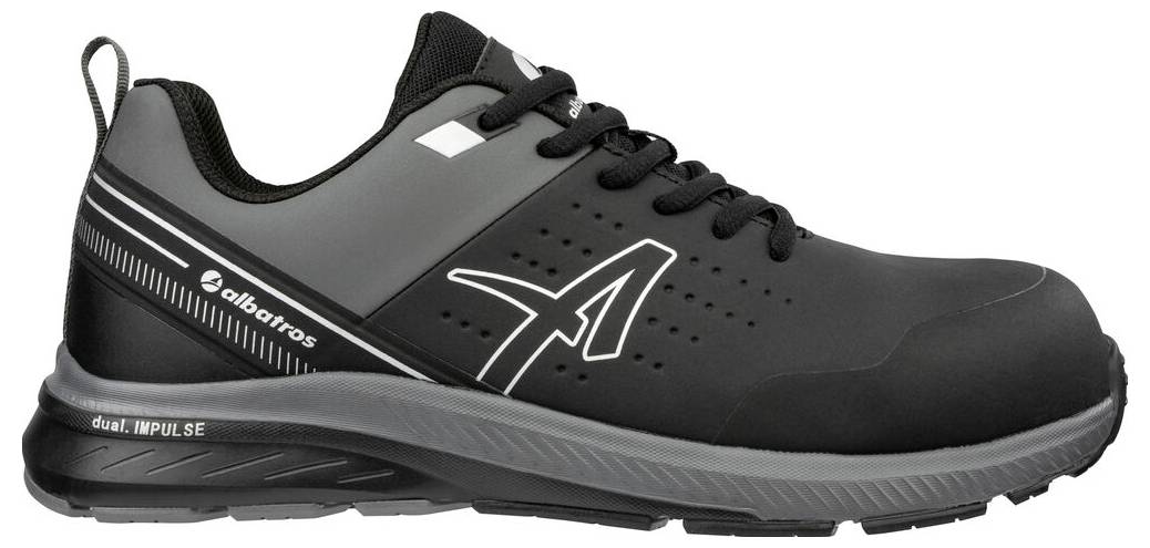 Černobílá pracovní sportovní bota se tkaničkami, s logem „albatros" a značkou „dual IMPULSE" na podrážce.
