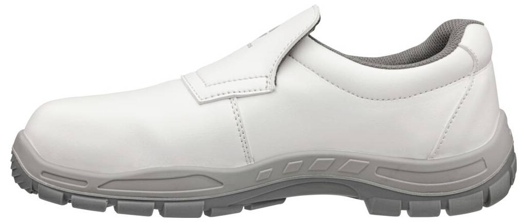 Bílá slip-on pracovní obuv se šedou podešví a polstrovaným límcem, zobrazená z boku na neutrálním pozadí.