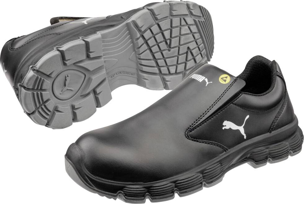 Pracovní slip-on boty Black Puma zobrazené z horní části a podrážky s tlustým strukturovaným vzorem pro přilnavost.