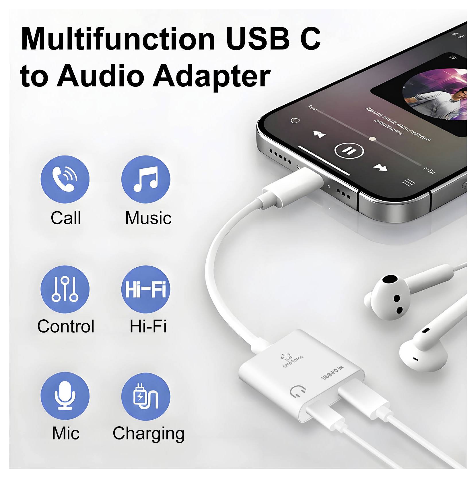 Víceúčelový adaptér USB C na audio zobrazený s telefonem a sluchátky, podporující hovory, hudbu, mikrofon, ovládání, Hi-Fi a nabíjení.
