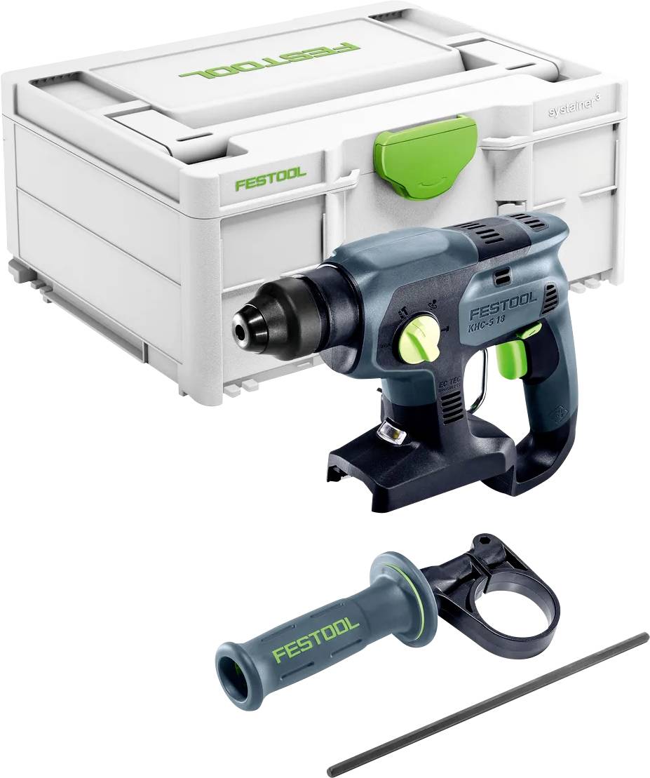 Festoolský bezdrátový vrtací set s přepravním pouzdrem, bočním držadlem a tyčí pro omezení hloubky vrtání na bílém pozadí.