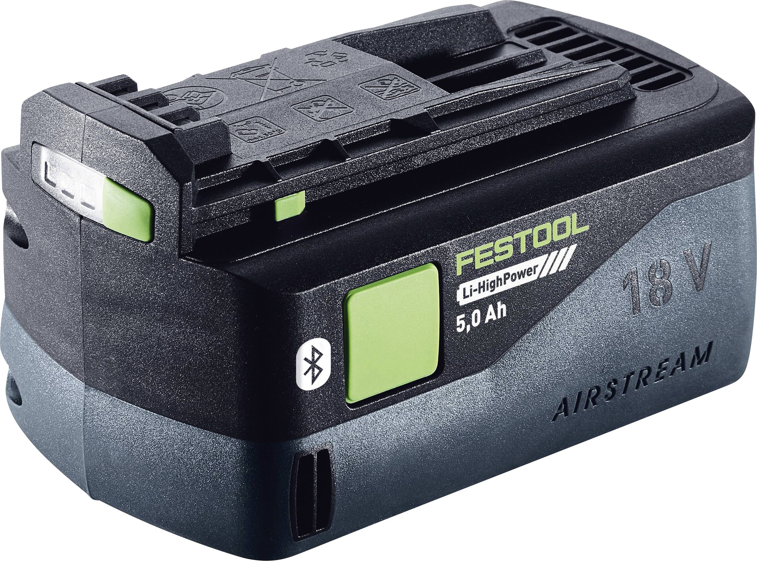 Černý akumulátor Festool 18V LiHighPower Airstream, 5.0 Ah, se zelenými prvky a indikátorem nabití.