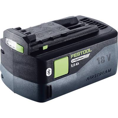 Černý akumulátor Festool 18V LiHighPower Airstream, 5.0 Ah, se zelenými prvky a indikátorem nabití.