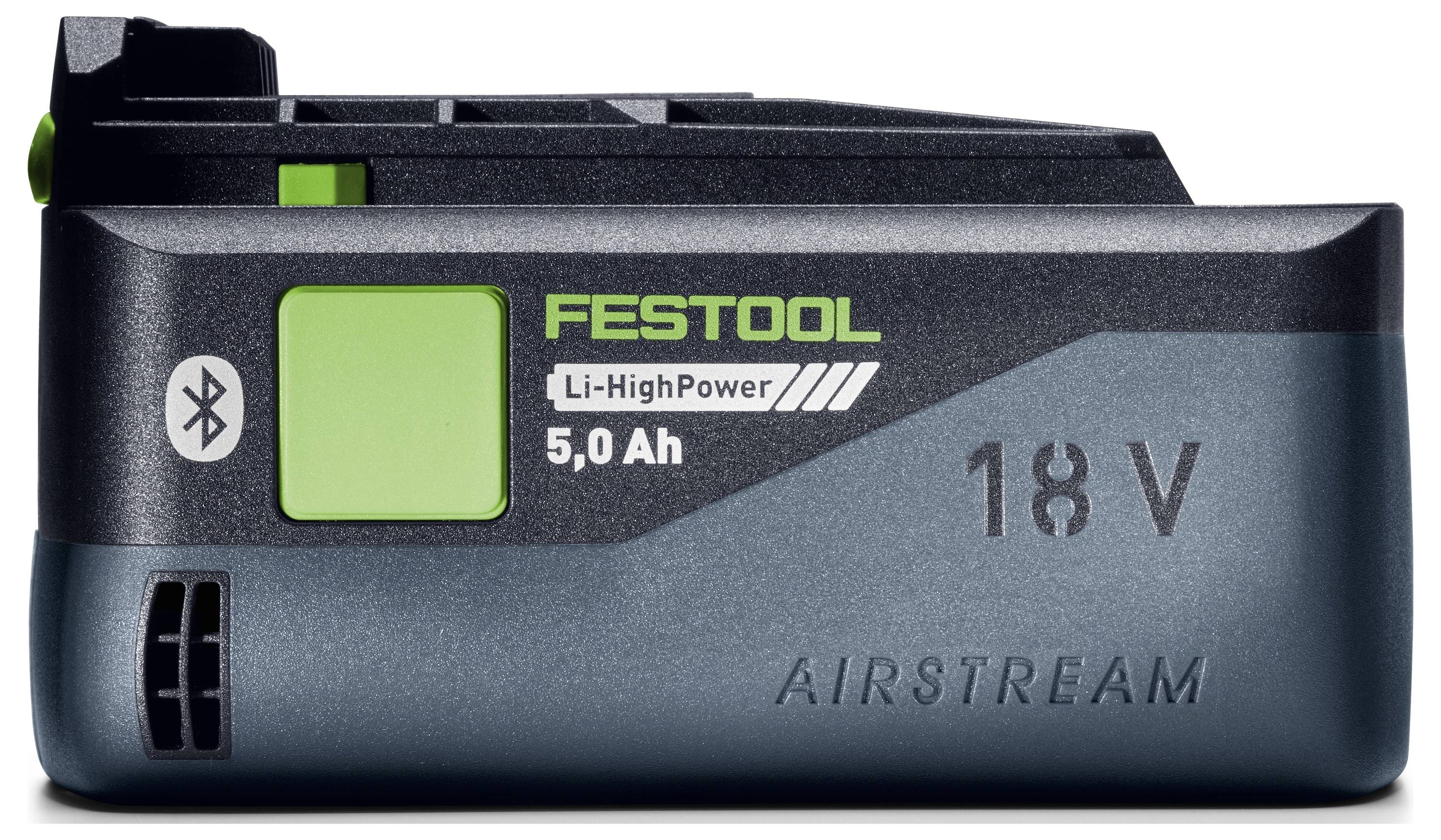 Festool Li-HighPower 18V 5.0 Ah Airstream nabíjecí baterie s ikonou Bluetooth.