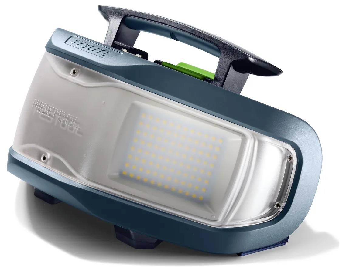 Přenosná bezdrátová pracovní lampa s přepravní rukojetí a LED panelem, zobrazená v tyrkysové a stříbrné barvě na bílém pozadí.