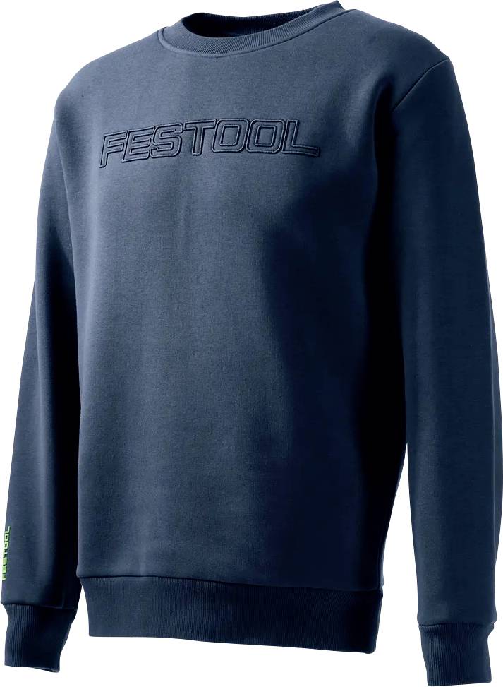 Tmavě modrá mikina s kulatým krkem a reliéfním logem "FESTOOL" na prsou a malým zeleným logem na levém rukávu.