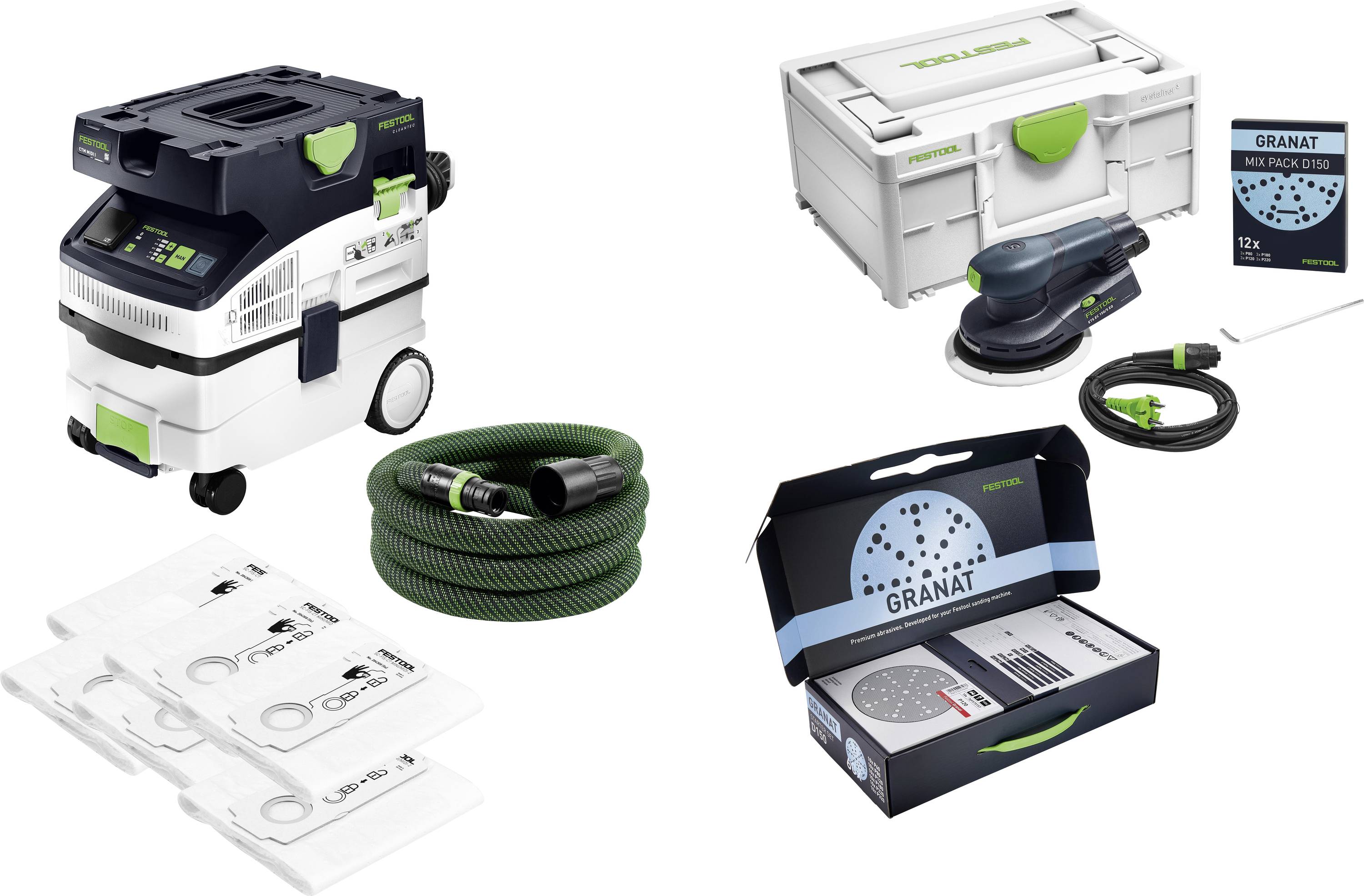 Sortiment nářadí a příslušenství FESTOOL: pojízdný extraktor na prach, zelená hadice, archů brusného papíru, úložný systainer, bruska a balení brusiva GRANAT.