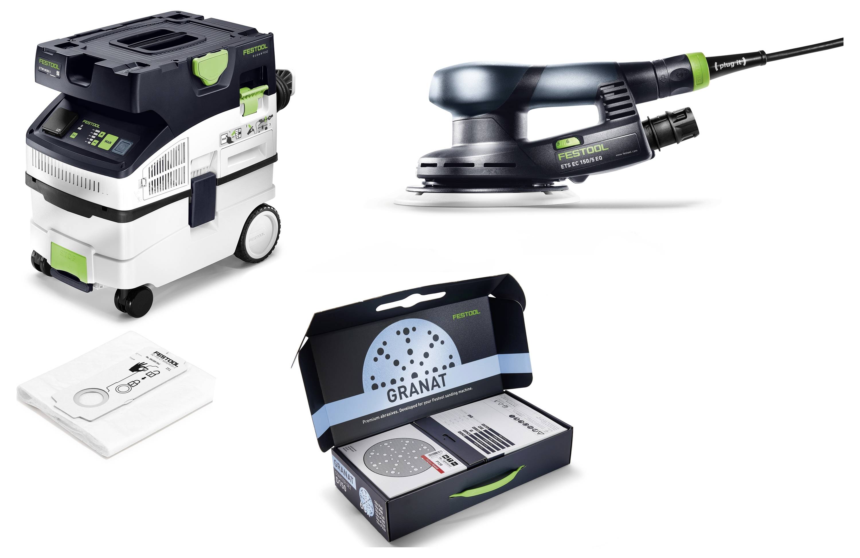 Montáž produktů Festool: tichý extraktor prachu, excentrická bruska a sada brusných prostředků GRANAT na bílém pozadí.