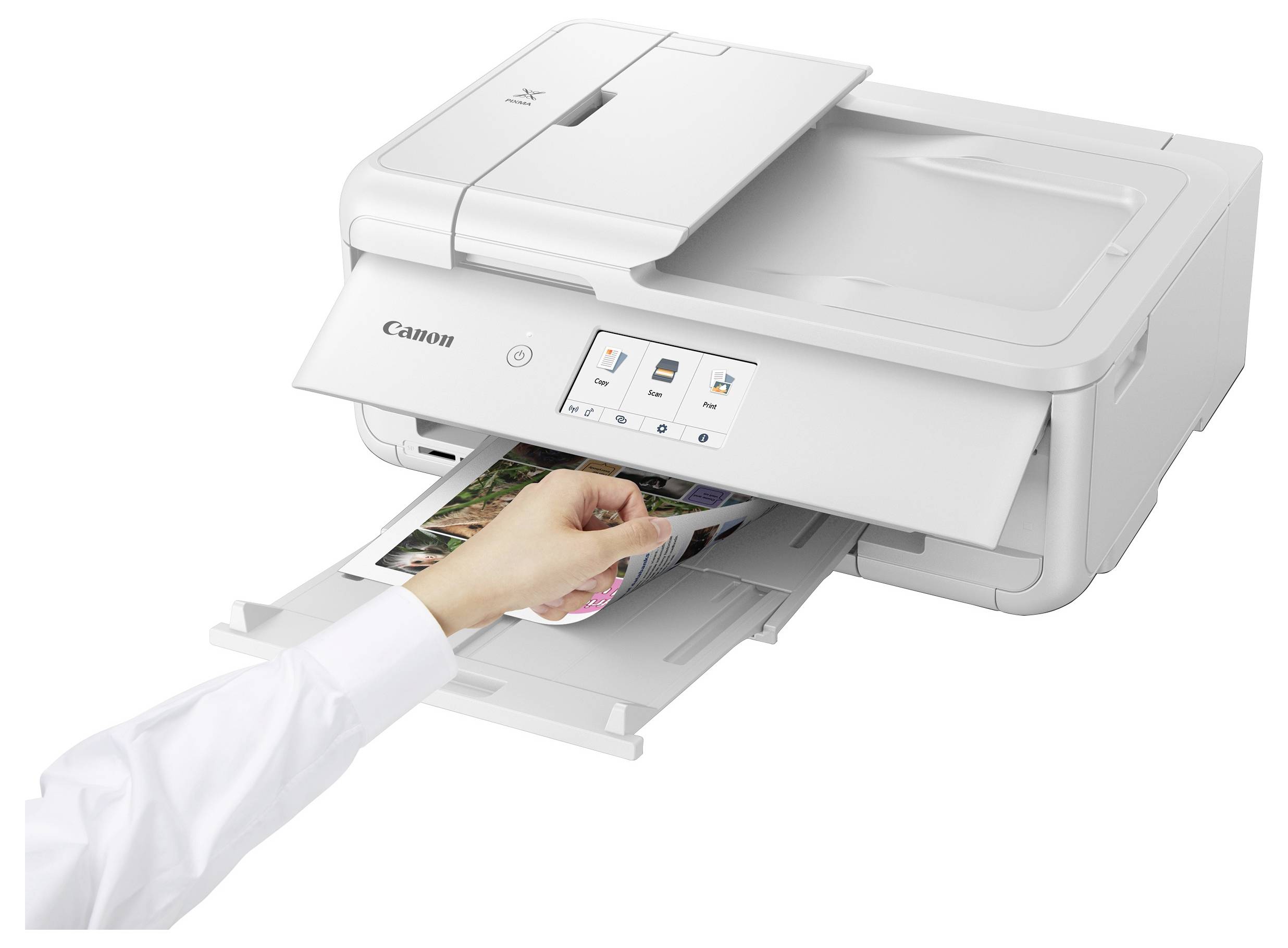 Ruka vkládá CD/DVD do tiskárny Canon all-in-one s otevřenou přední zásuvkou a viditelným dotykovým displejem.