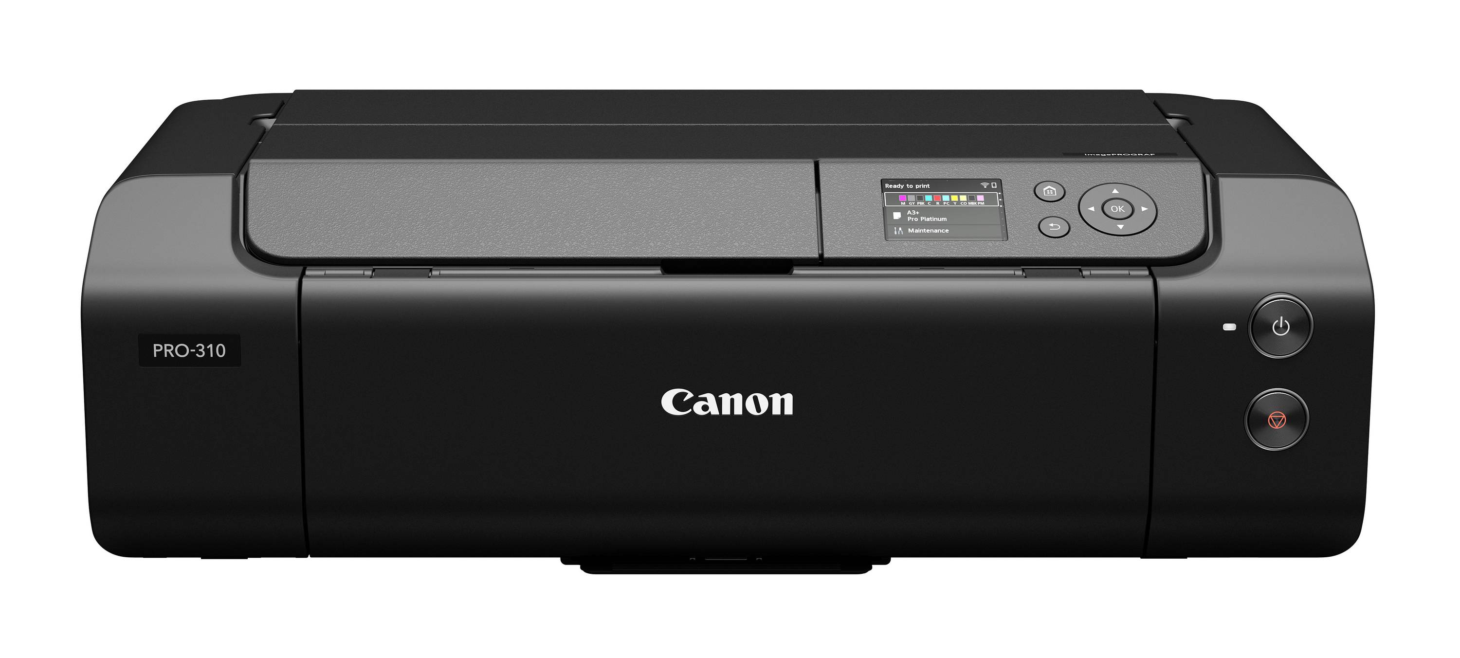 Přední pohled na fotografickou tiskárnu Canon PRO-310 na bílém pozadí, ukazující ovládací panel a slot pro výstup papíru.