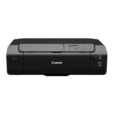 Přední pohled na fotografickou tiskárnu Canon PRO-310 na bílém pozadí, ukazující ovládací panel a slot pro výstup papíru.