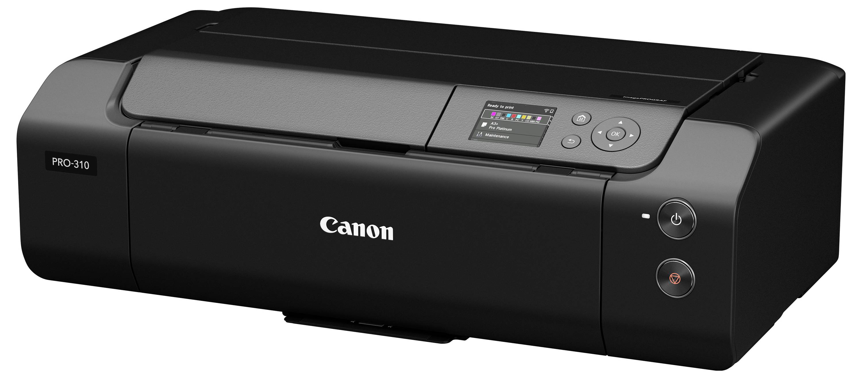 Fotoaparát Black Canon PRO-310 zobrazený zepředu s viditelným ovládacím panelem a tlačítky napájení.