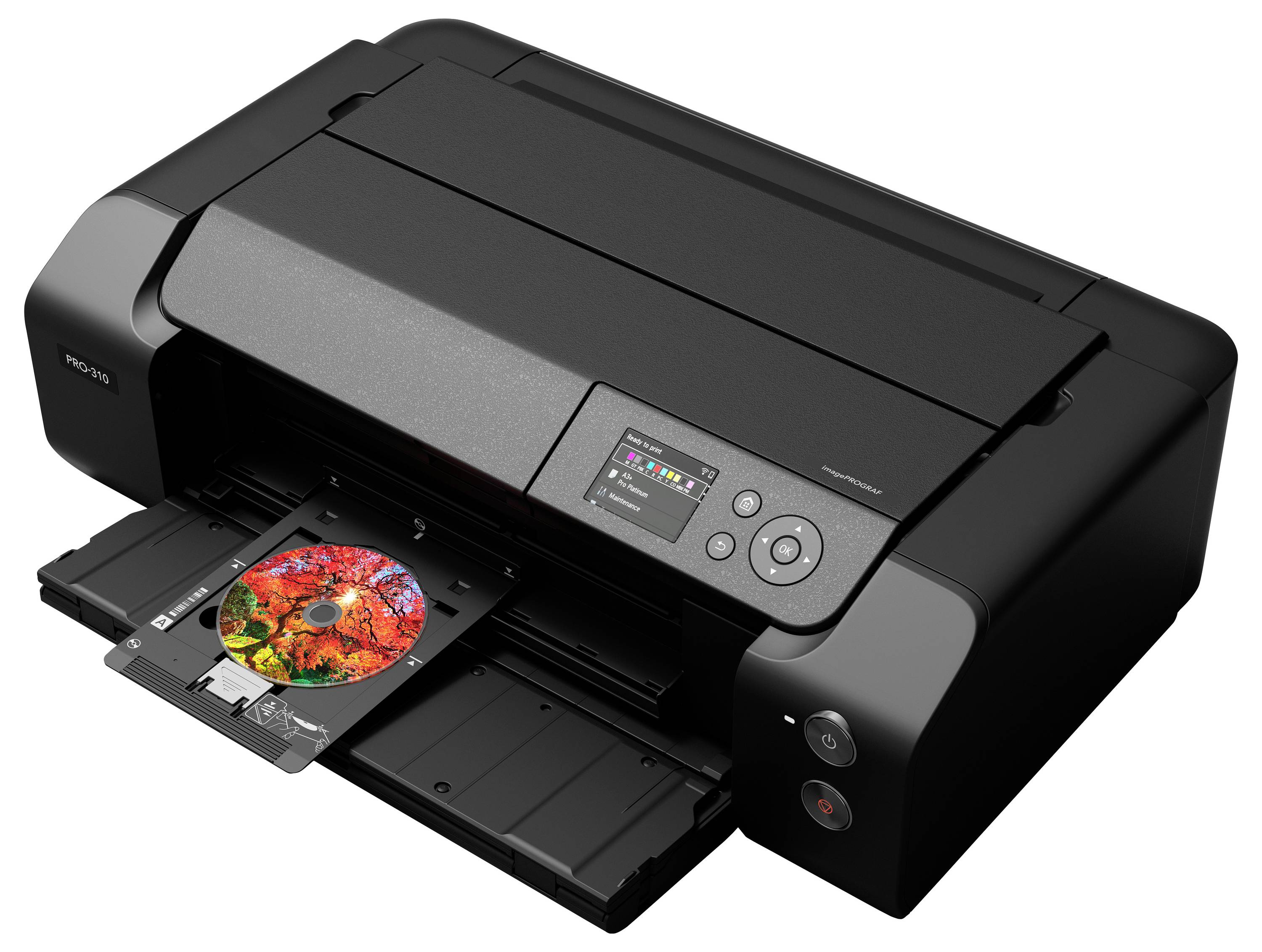 Černá inkoustová tiskárna Epson vytiskující barevný disk na otevřené podavači, s viditelným předním ovládacím panelem.