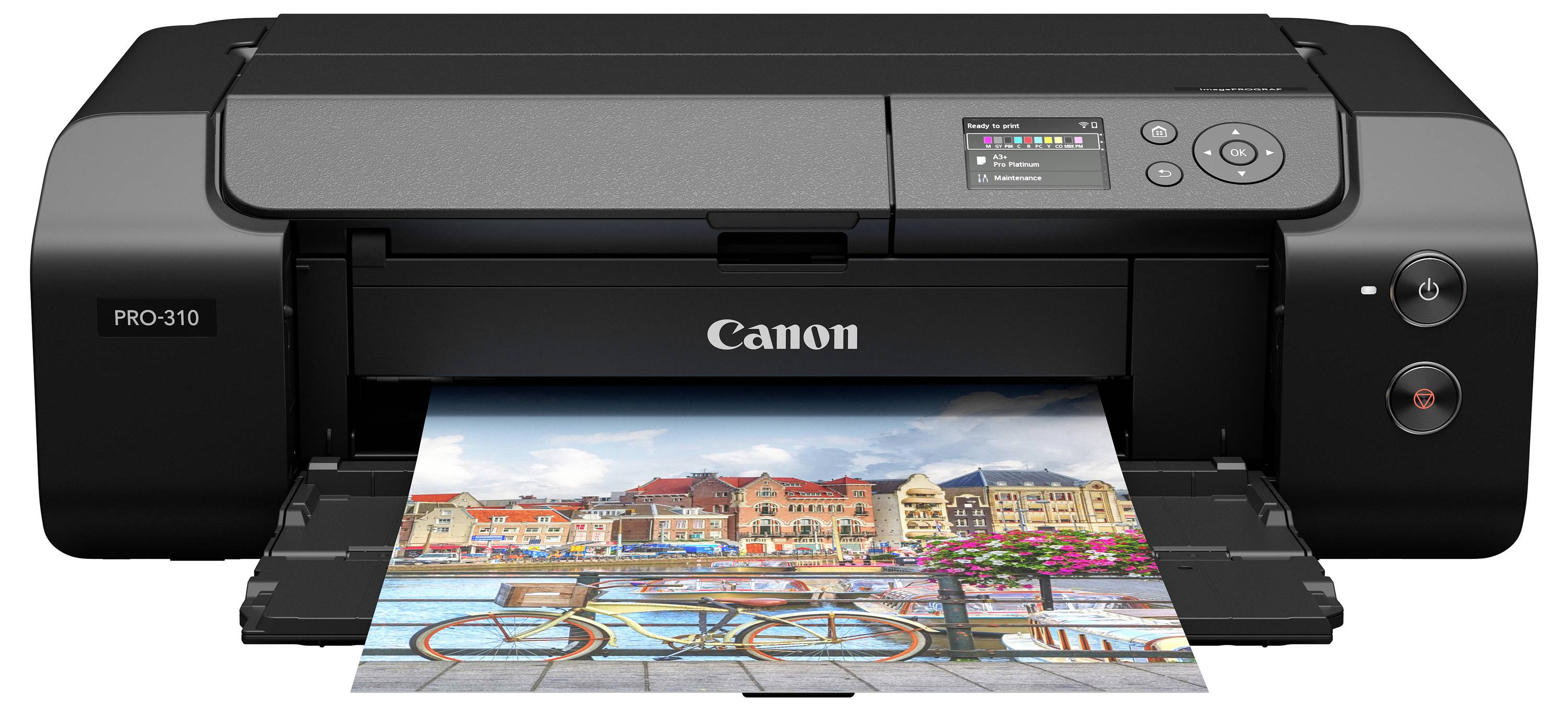 Canon PRO-310 fototiskárna tiskne barevný krajinný snímek waterfront budov a kol.