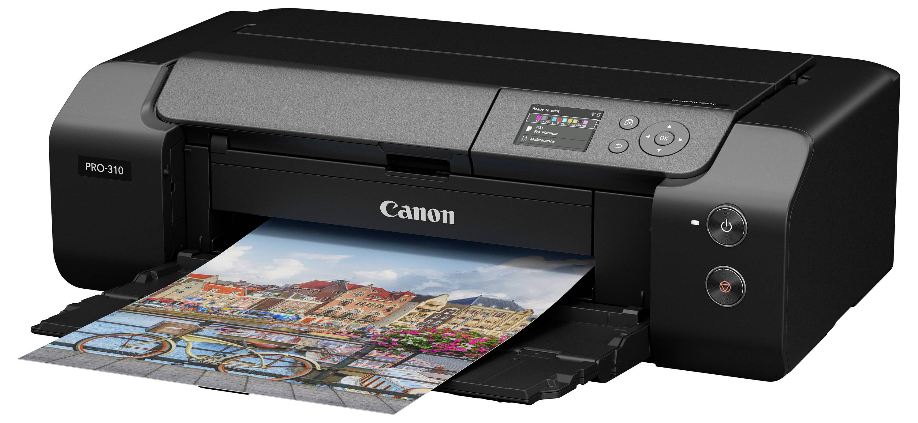 Canon PRO-310 tiskárna pro fotografii velkého formátu tiskující živou krajinářskou fotografii