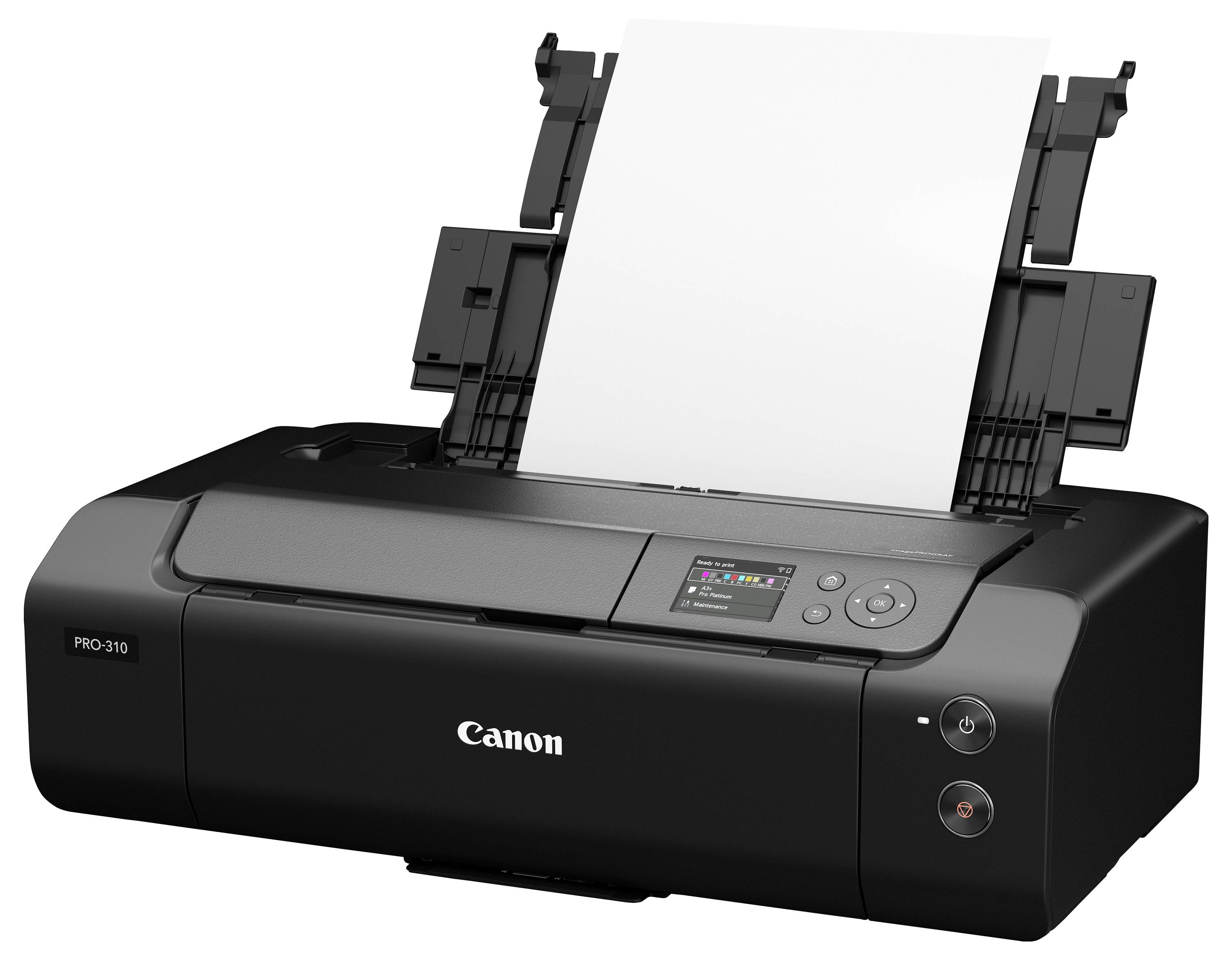 Canon PRO-310 fotoaparát s papírem nabitým v zadní zásobníku a viditelným ovládacím panelem.
