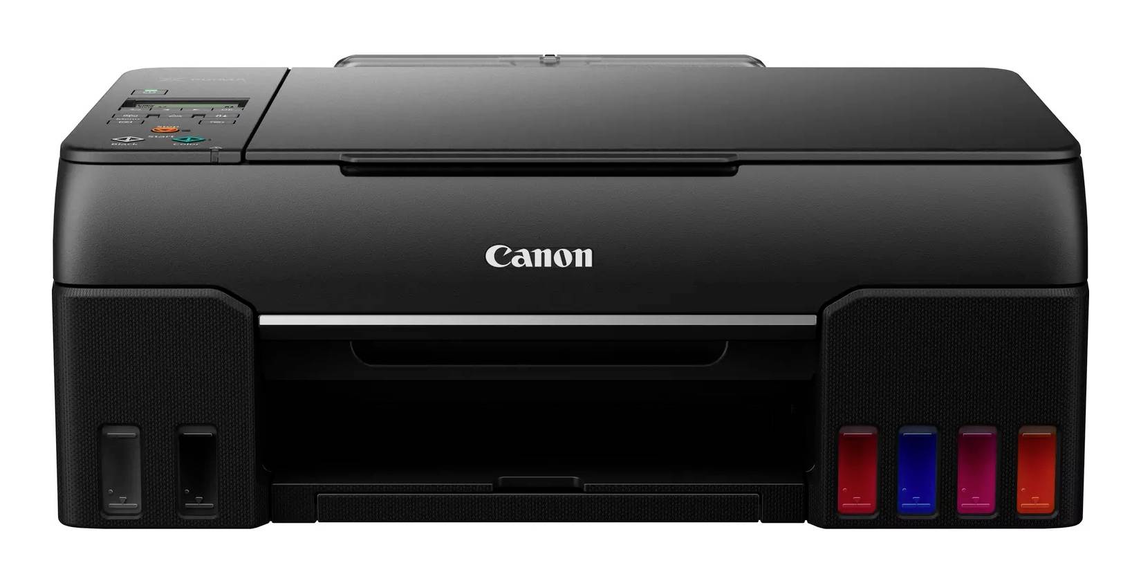 Černá inkoustová tiskárna Canon s viditelnými předními zásobníky inkoustu a výstupní zásobník papíru