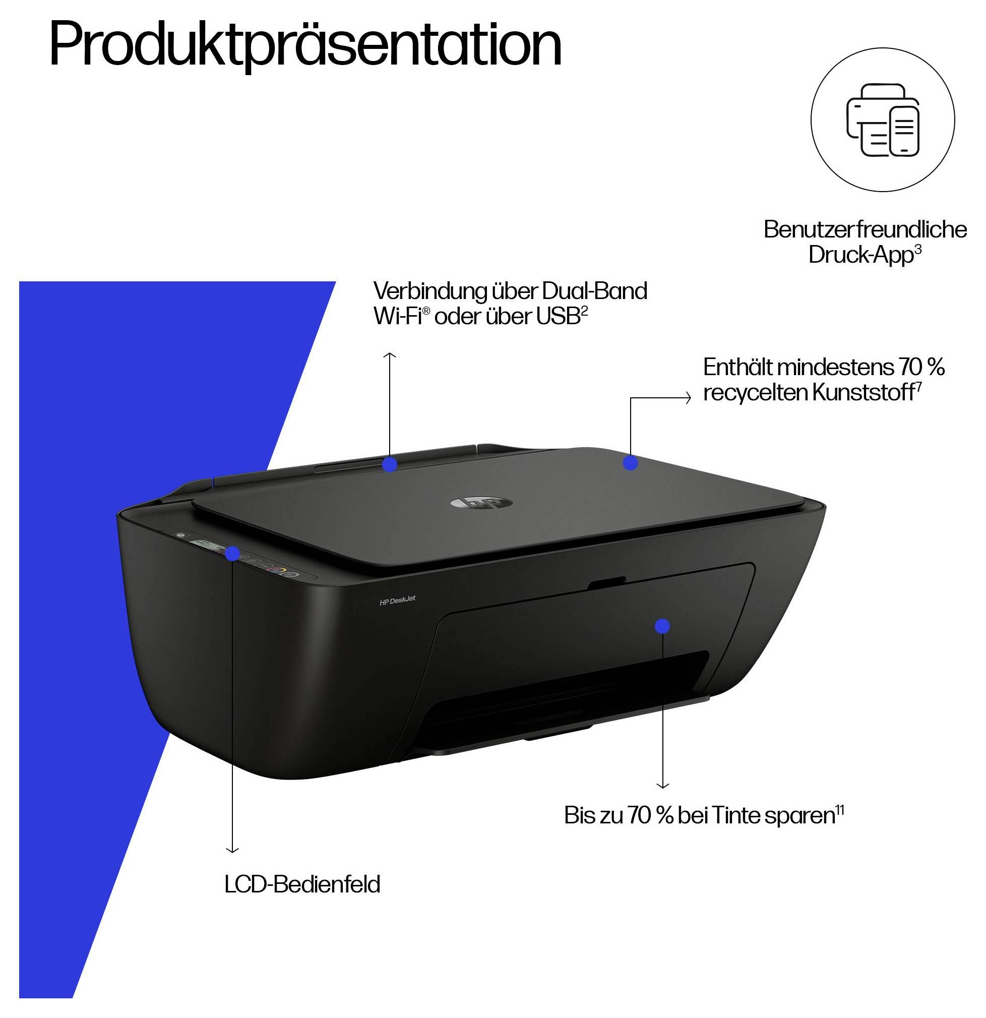 Prezentace produktu černé tiskárny s popisky: duální Wi‑Fi nebo USB připojení, uživatelsky přívětivá tiskařská aplikace, nejméně 70 % recyklovaného plastu, ovládací panel LCD a úspory inkoustu až 70 %.