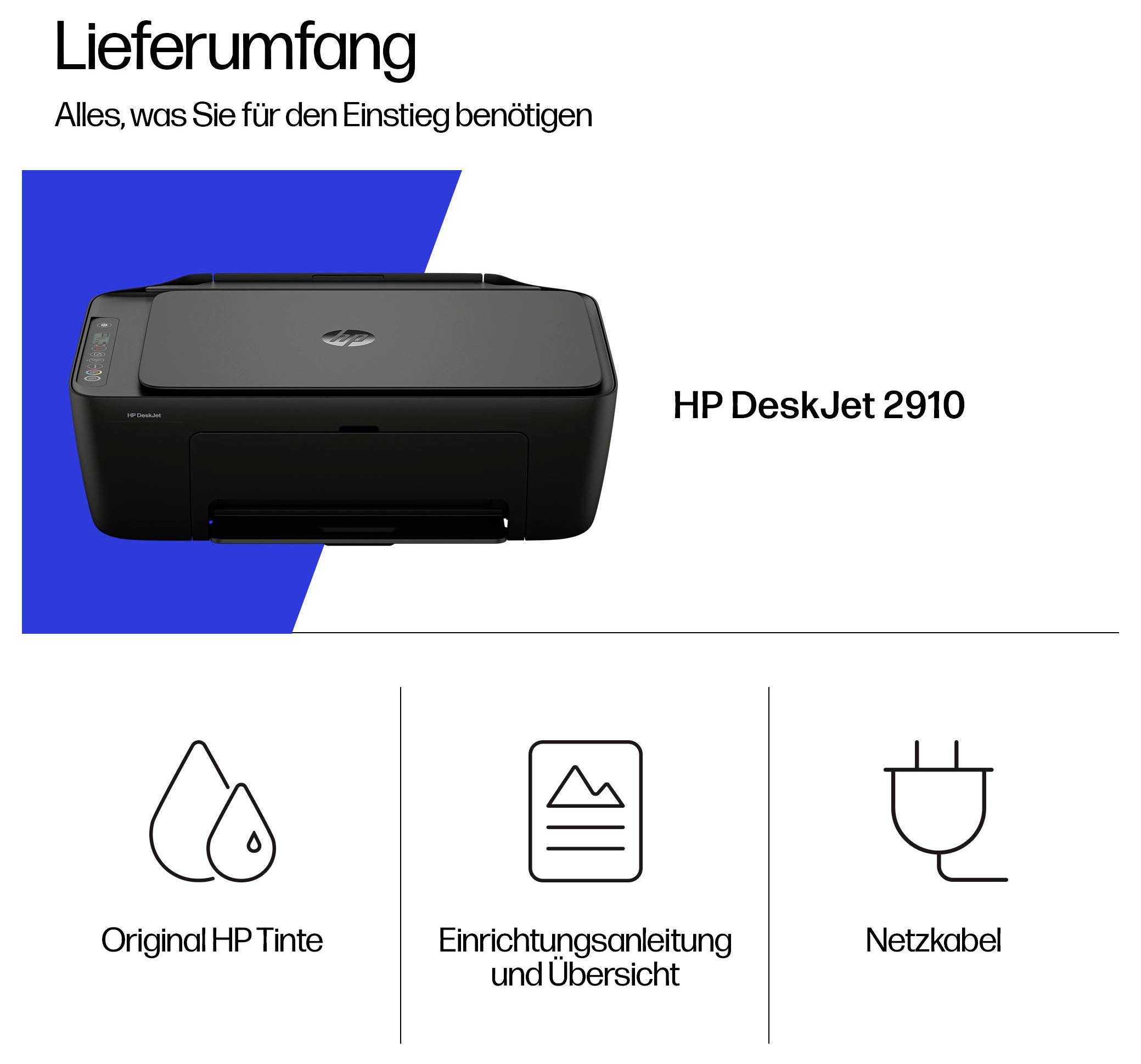 Balení tiskárny HP DeskJet 2910 obsahuje: tiskárnu, originální inkoust HP, průvodce nastavením a přehled a napájecí kabel.