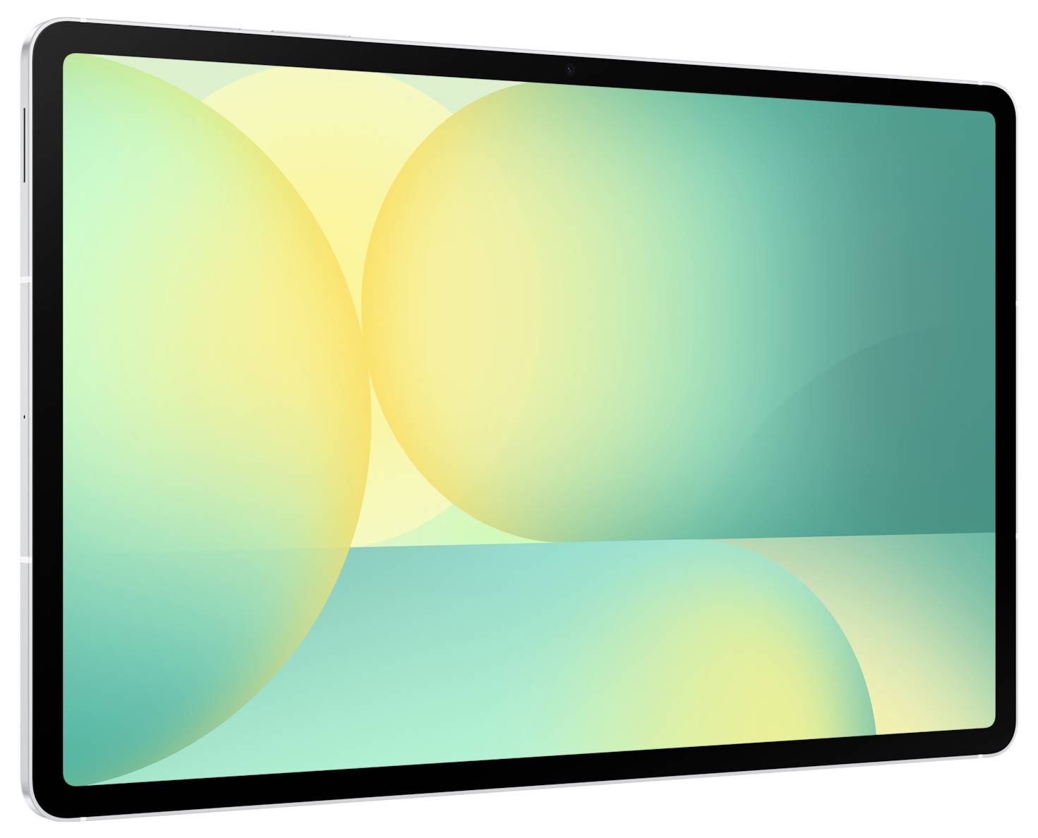 Tablet s černým rámem zobrazující tyrkysovou a žlutou abstraktní geometrickou tapetu na bílém pozadí.