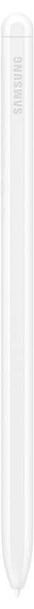 Bílé pero Samsung S Pen na prostém světle šedém pozadí, zobrazeno vertikálně s hrotem na spodku.