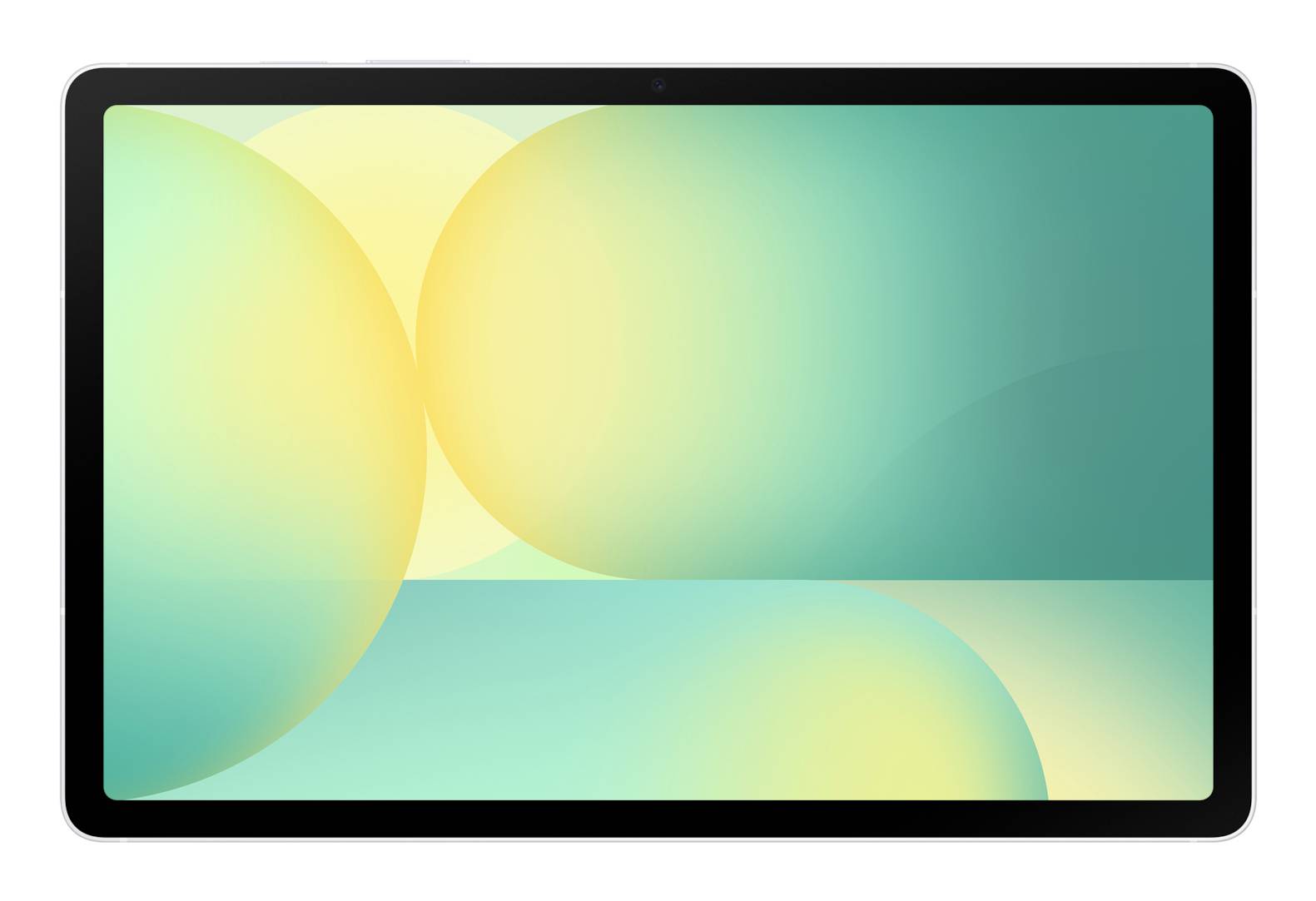 Tablet nebo monitor s abstraktními kruhy v přechodech tealové, žluté a zelené barvy na černém rámečku.