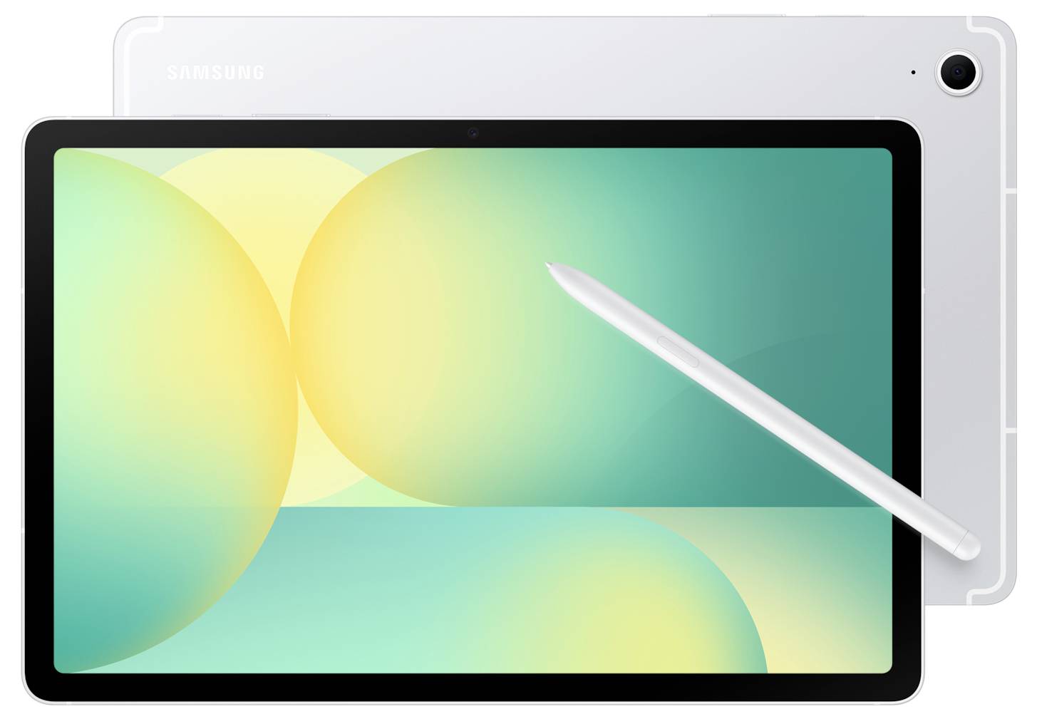 Bílý tablet Samsung zobrazený zepředu se stylусem položeným diagonálně přes obrazovku, zobrazující zeleně a žluté abstraktní pozadí.
