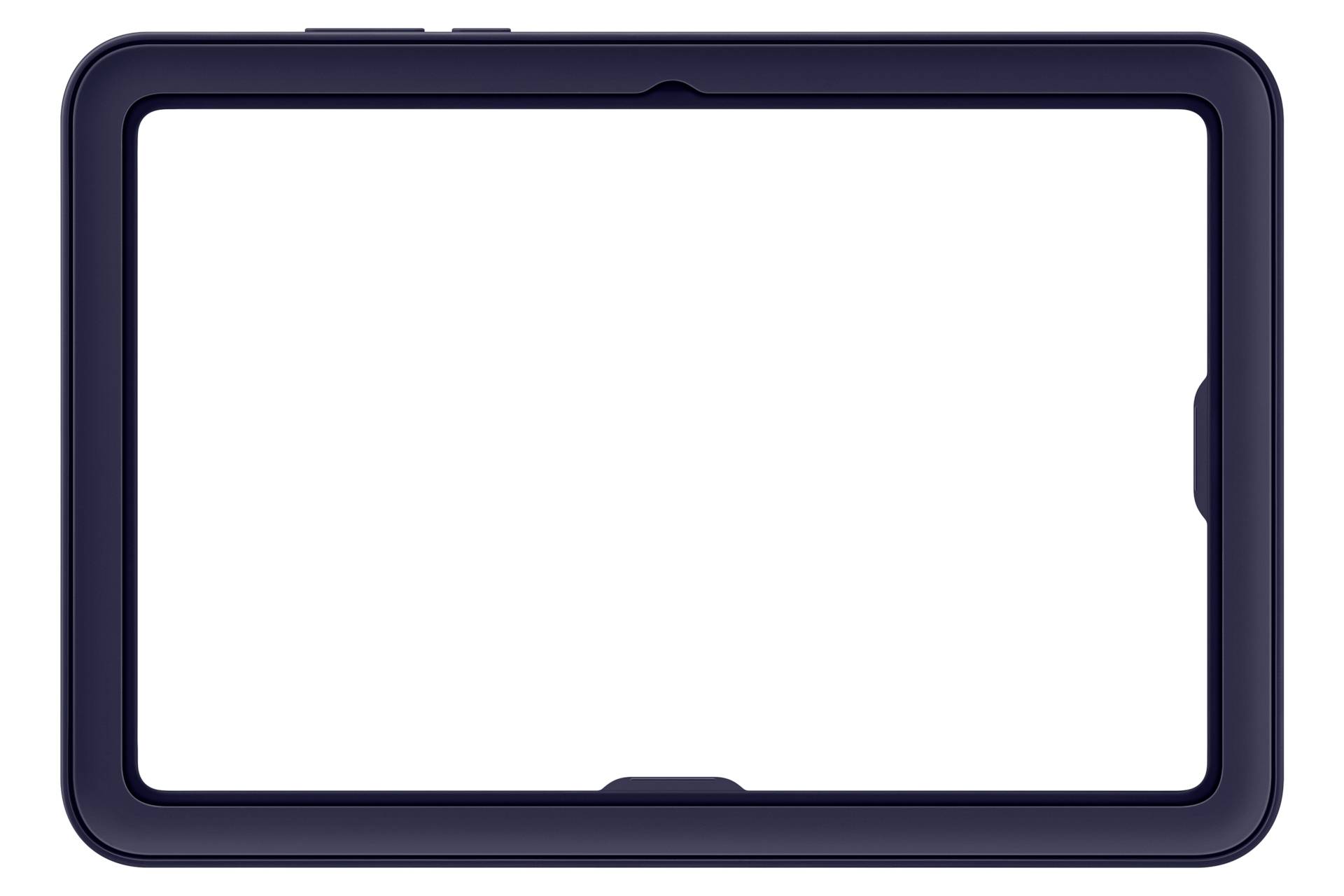 Prázdný černý tablet nebo rámec zařízení zobrazený v krajinské orientaci s prázdnou bílou plochou obrazovky uvnitř.