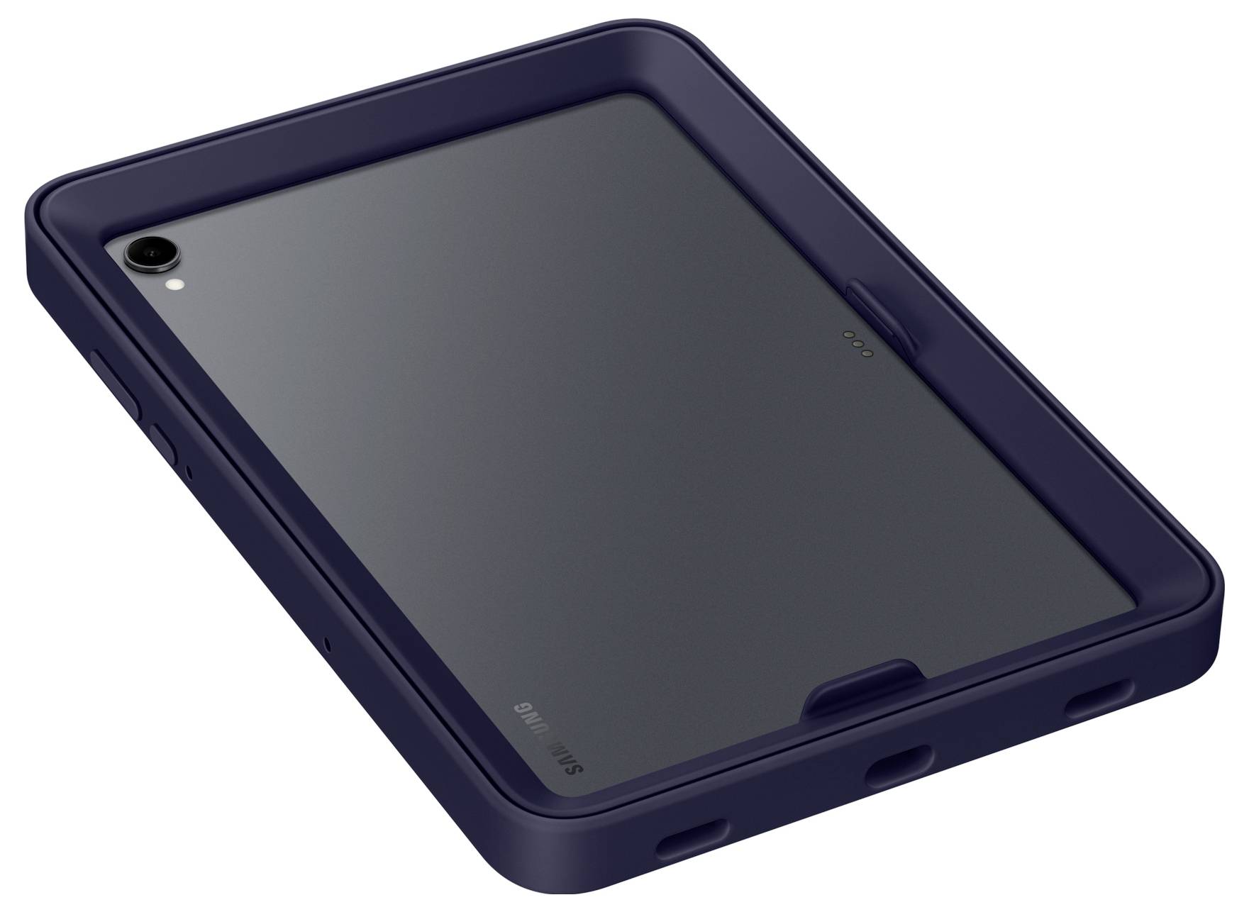 Zadní strana tmavě modré tablety Samsung v ochranném pouzdře, zobrazená v úhlu s viditelným výřezem pro fotoaparát a otvory pro tlačítka.