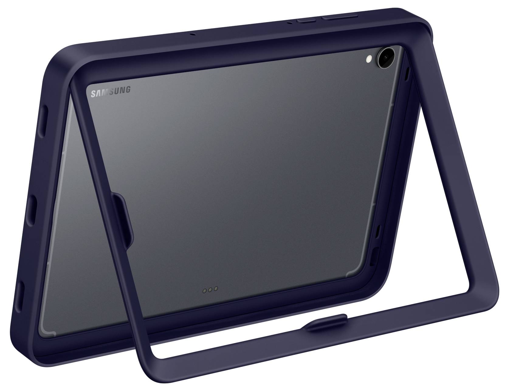Tablet Samsung zobrazený v tmavě modré ochranné tašce s vestavěným podstavcem, pohled z zadu v úhlu, který ukazuje zadní fotoaparát.