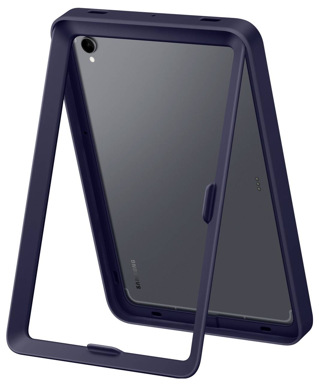 Tmavě modrý obal na tablet s vestavěným stojánkem, zobrazený otevřený v úhlu pro podporu zařízení na plochém povrchu.