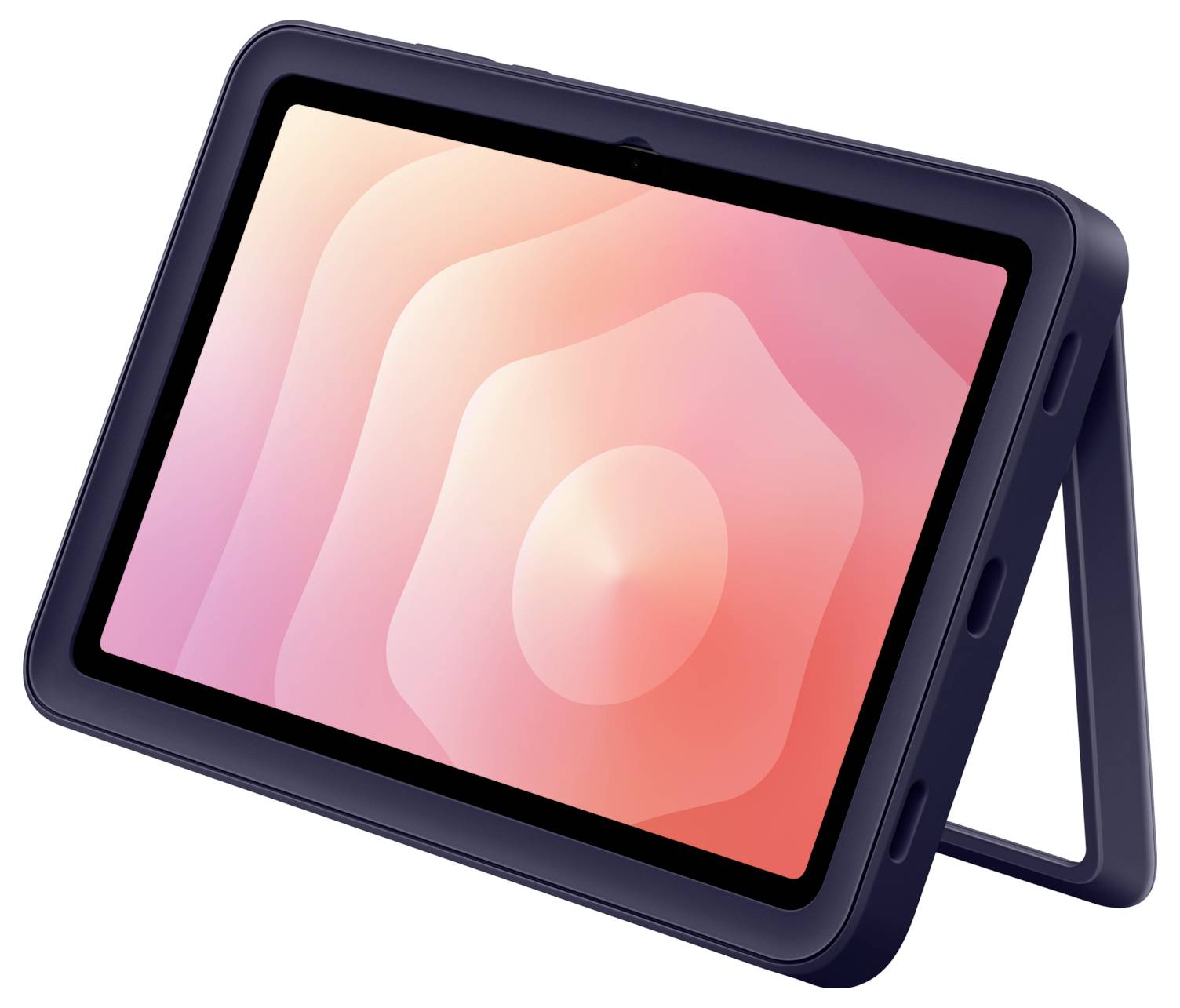 Tablet v tmavém ochranném pouzdře skládacím stojanem, zobrazený v úhlu na bílém pozadí a zobrazující růžovou abstraktní obrazovku.