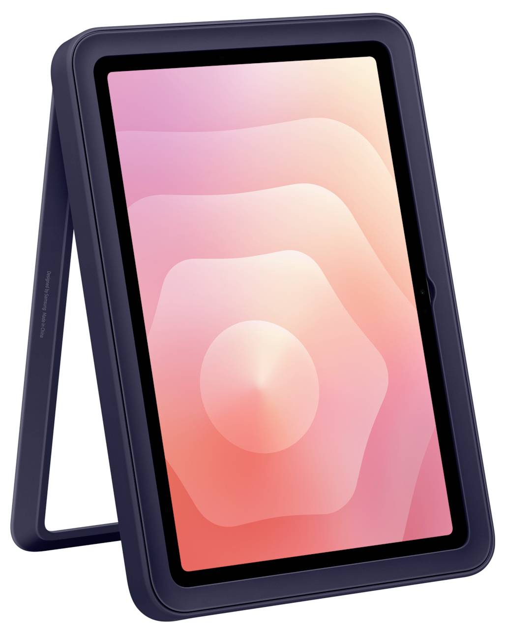 Tablet v tmavém ochranném pouzdře na stojanu, na kterém je zobrazen růžová abstraktní tapeta.