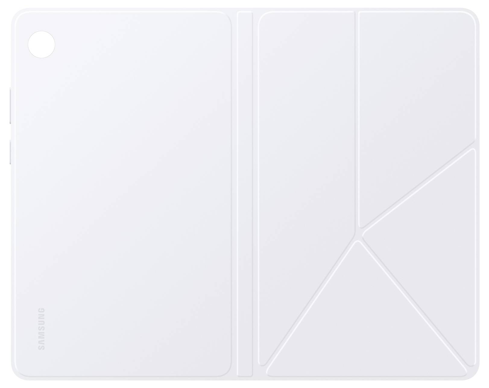 Bílý pouzdro folio pro tablet Samsung znázorněné zavřené, s trojnásobně skládaným předním krytem a výřezem na fotoaparát na zadní straně.