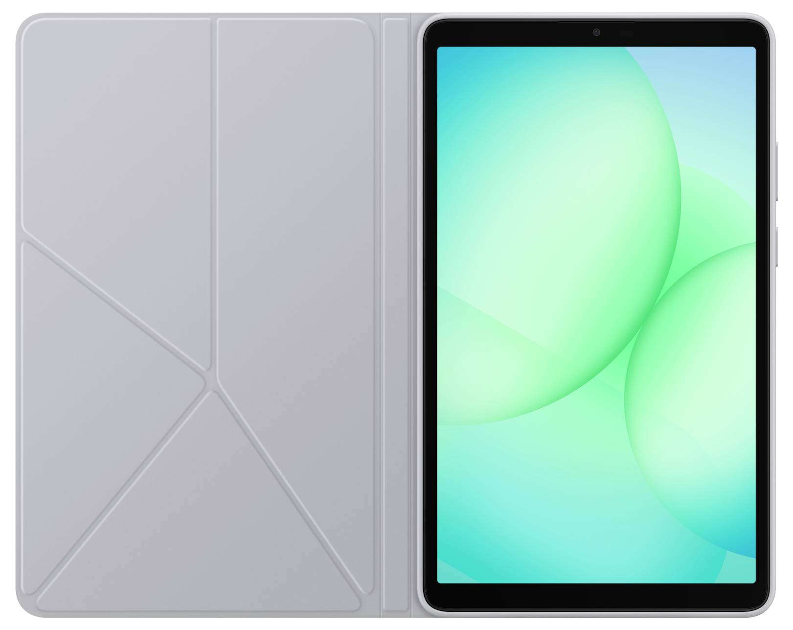 Tablet zobrazený zepředu a zezadu se šedou skládací obálkou folio a světlou tealovou abstraktní obrazovkou zobrazený na přední straně.
