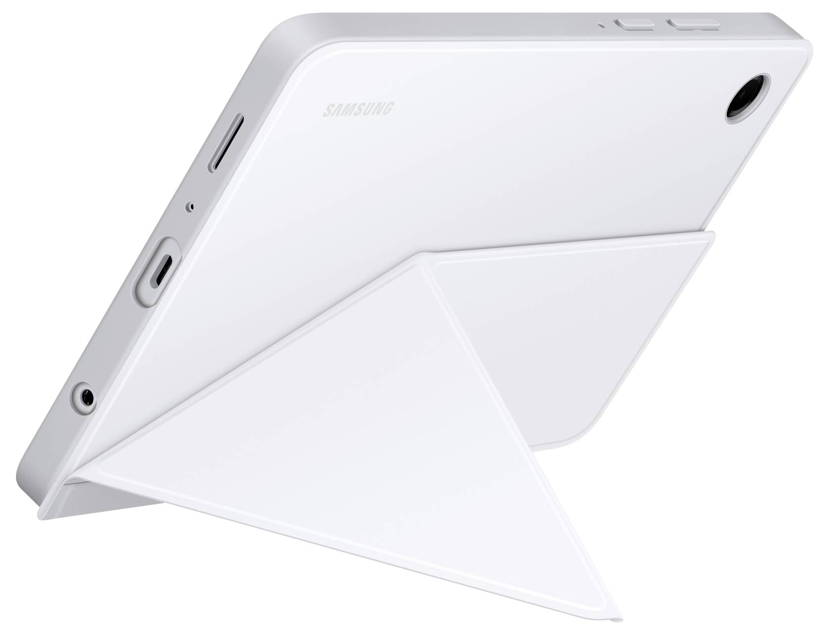 Bílý tablet Samsung zobrazen v trojúhelníkovém pouzdře s možností skládání, nakloněný tak, aby byly vidět zadní kamera a postranní tlačítka.