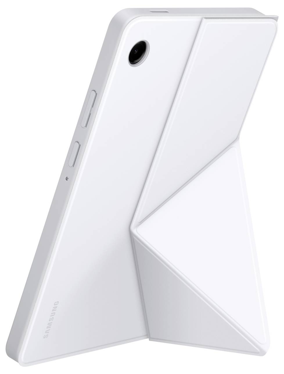 Bílý tablet Samsung zobrazený zezadu se skládacím originál-stylovým pouzdrem na stojánek, nakloněný v profilu na pevném pozadí.