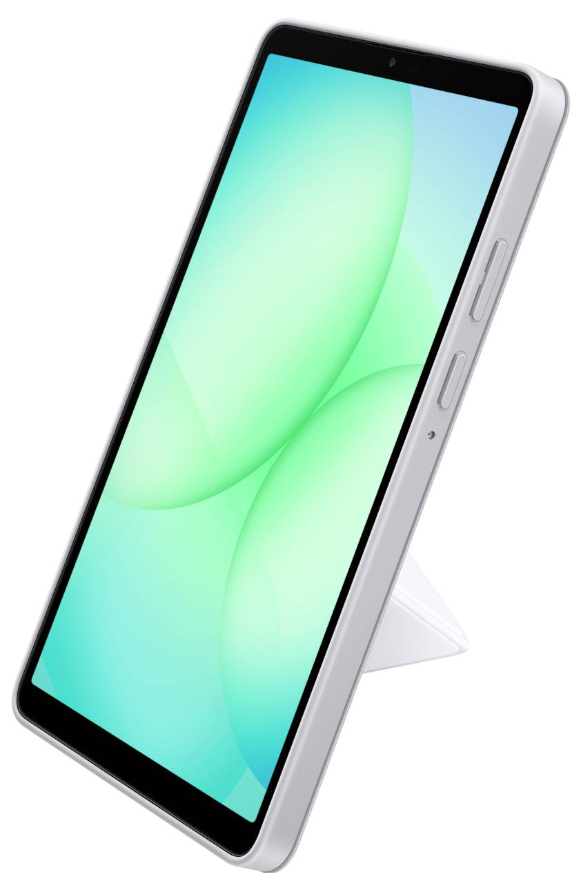 Tablet v bílém pouzdru zobrazený v úhlu na skládacím stojanu se zářivě zelenou abstraktní obrazovkou.