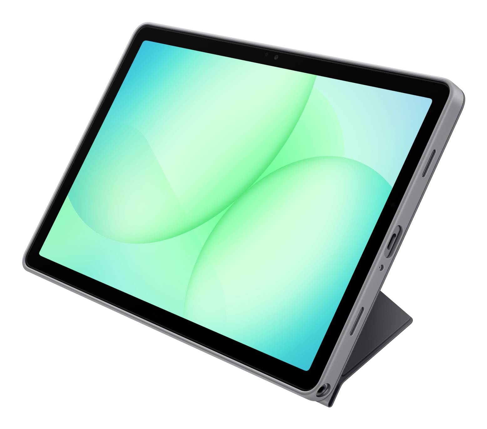 Tablet v šedém pouzdře s vlastním stojánkem, zobrazený v úhlu na bílém pozadí s jasným abstraktním zeleným displejem.
