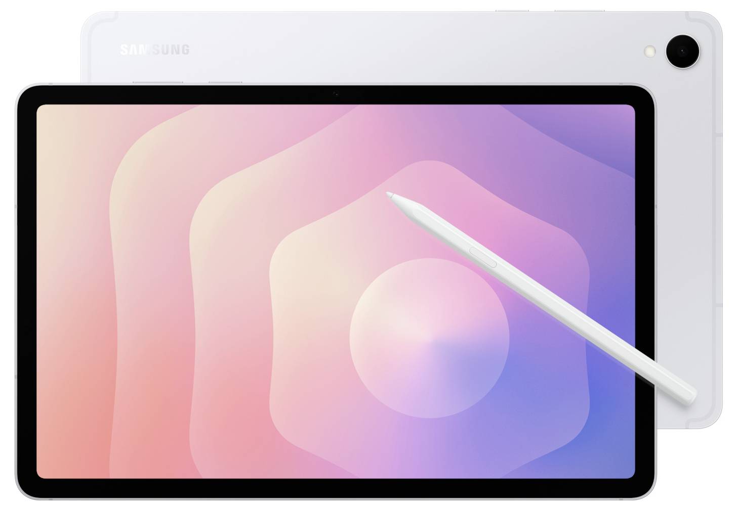 Tablet Samsung zobrazený zepředu a zezadu s jemnou růžovo-fialovou obrazovkou a bílým stylus spočívajícím diagonálně na displeji.