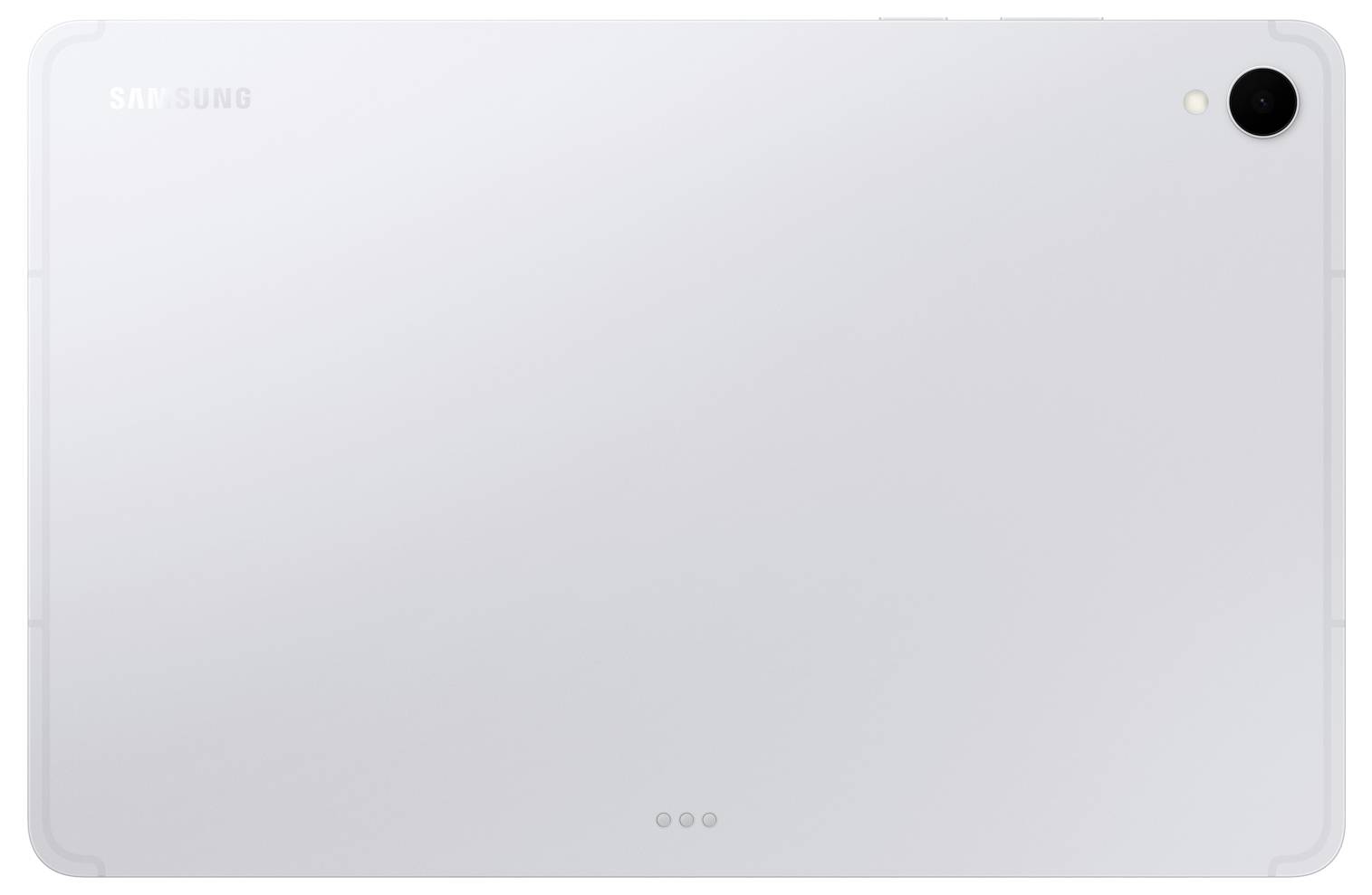 Zadní část bílého tabletu Samsung s jedinou zadní kamerou v pravém horním rohu.