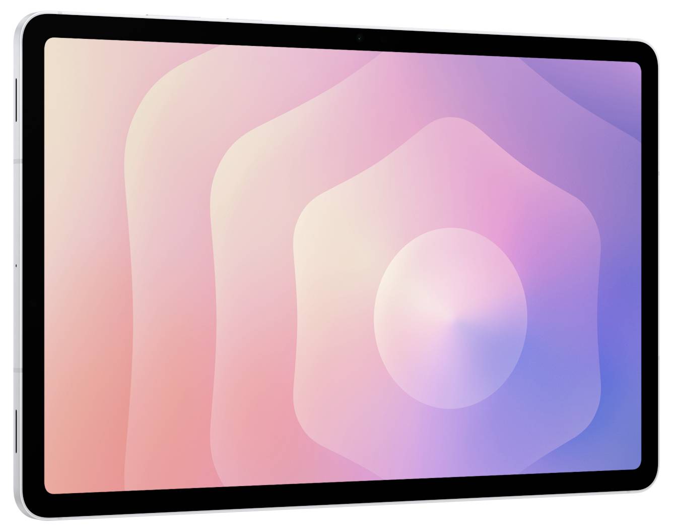Tabletové zařízení s černým rámem zobrazuje abstraktní geometrickou tapetu v přechodu od růžové k modré na bílém pozadí.