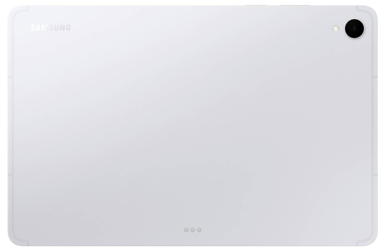 Zadní strana stříbrného tabletu Samsung s jedinou zadní kamerou v pravém horním rohu.