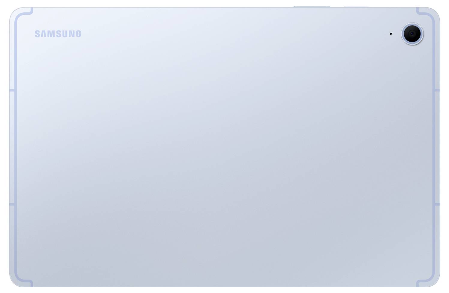 Zadní strana světle modrého tabletu Samsung se zadní kamerou v pravém horním rohu.
