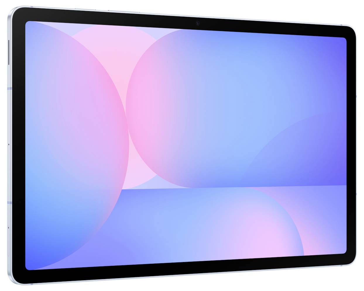 Tablet zobrazen v úhlu s modrými a růžovými abstraktními tapetami na obrazovce.