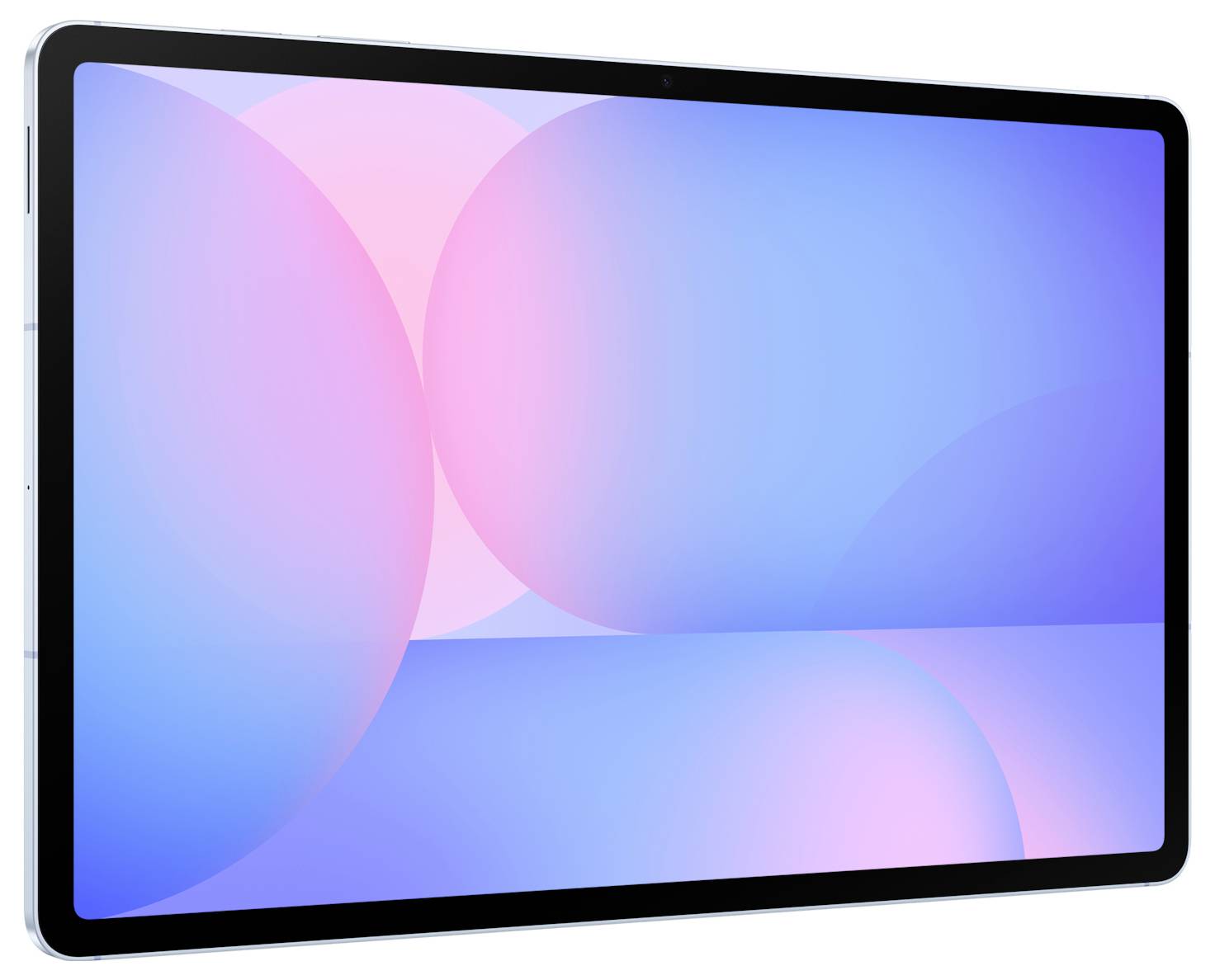 Tablet s černým rámečkem zobrazující modrou a růžovou abstraktní tapetu na bílém pozadí.
