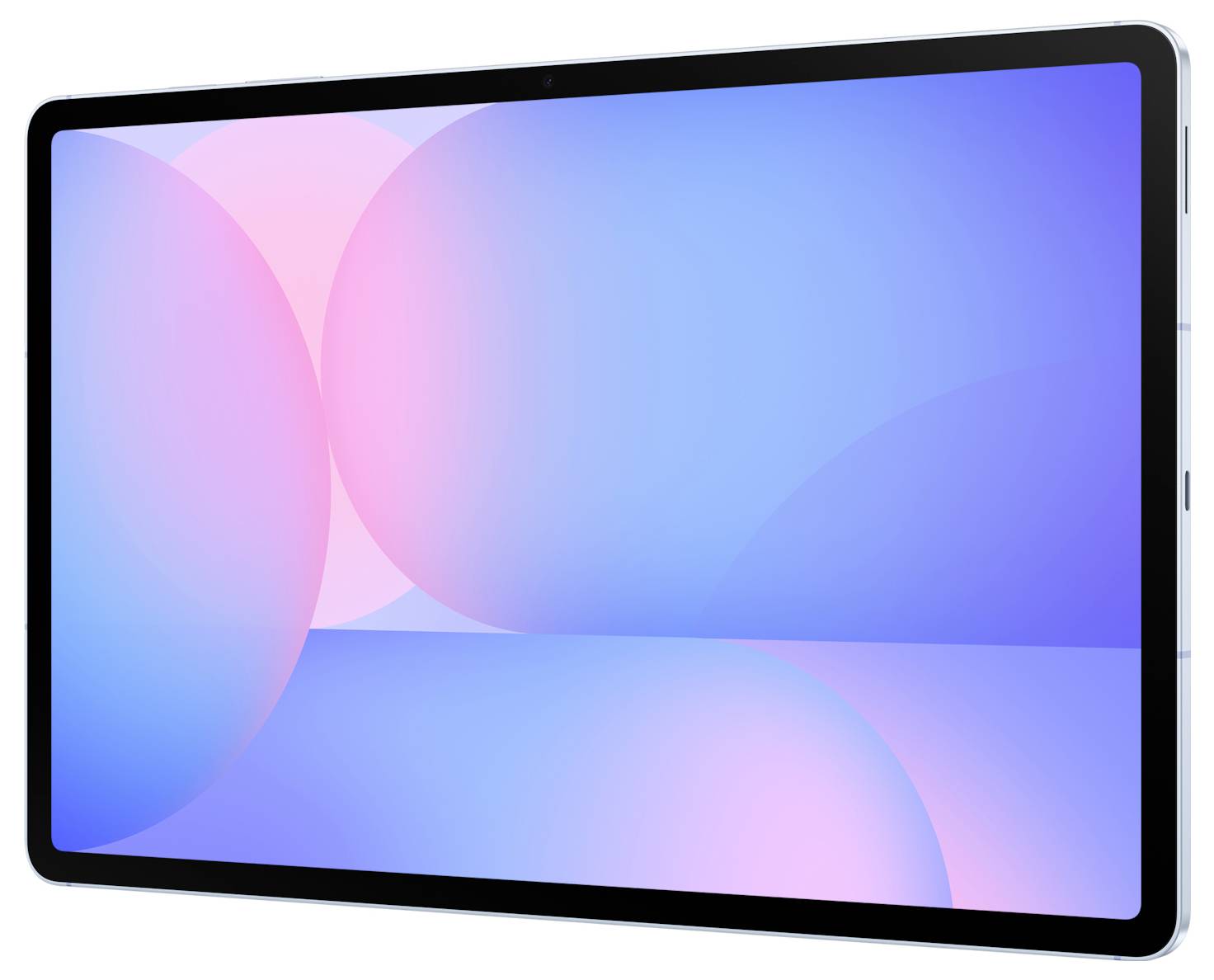 Černý tablet nebo dotykový přístroj zobrazený v úhlu s modrým a růžovým abstraktním tapetou na displeji.